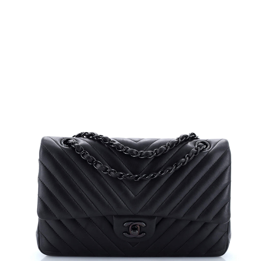 Chanel So Black Classic Double Flap Bag Chevron Lambskin Medium