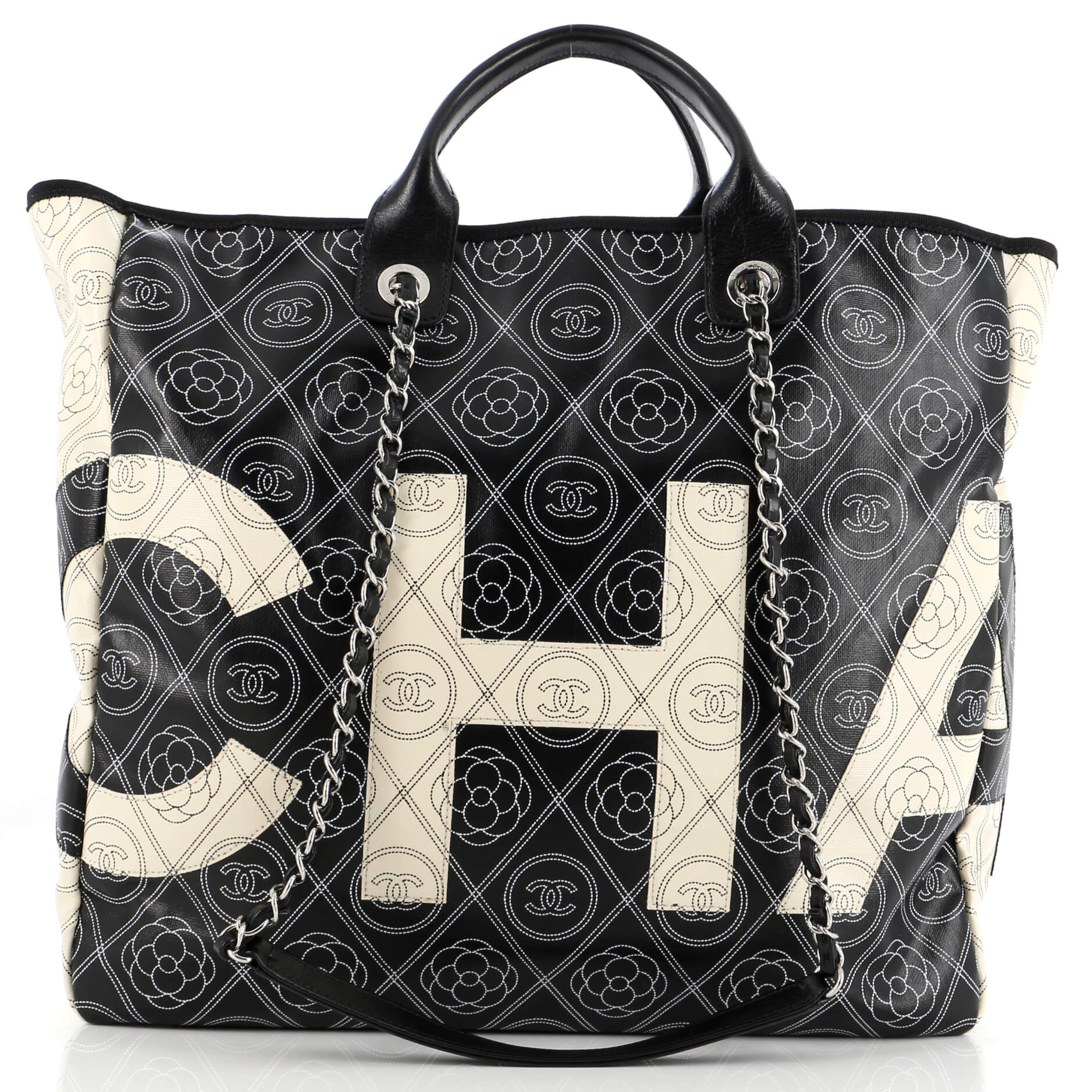 Chanel Logo Camellia Shopping Tote Printed Coated Canvas Medium