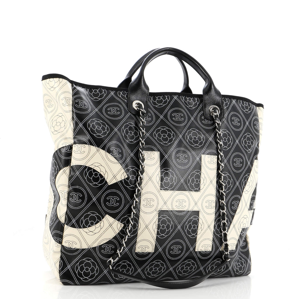 Chanel Logo Camellia Shopping Tote Printed Coated Canvas Medium