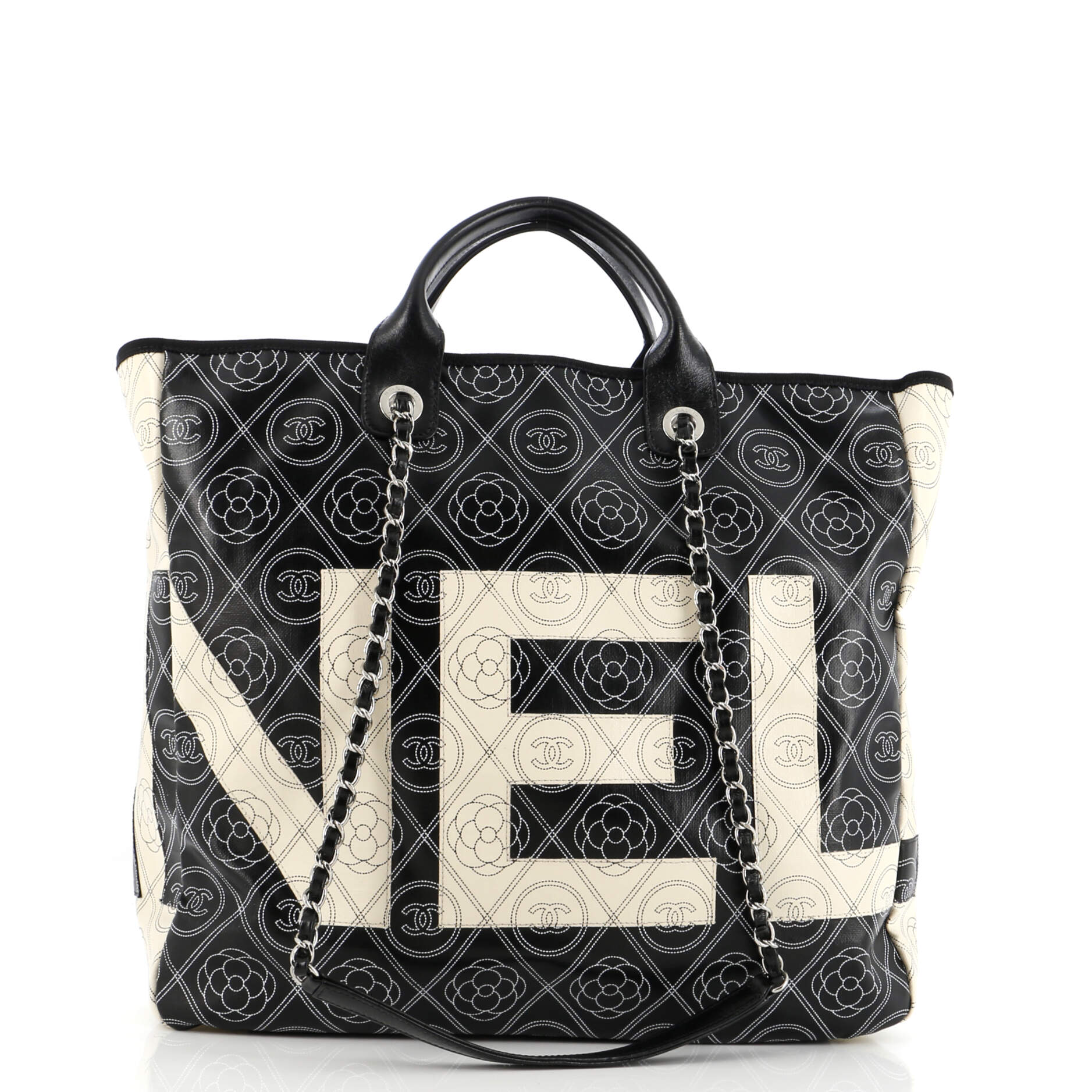 Chanel Logo Camellia Shopping Tote Printed Coated Canvas Medium