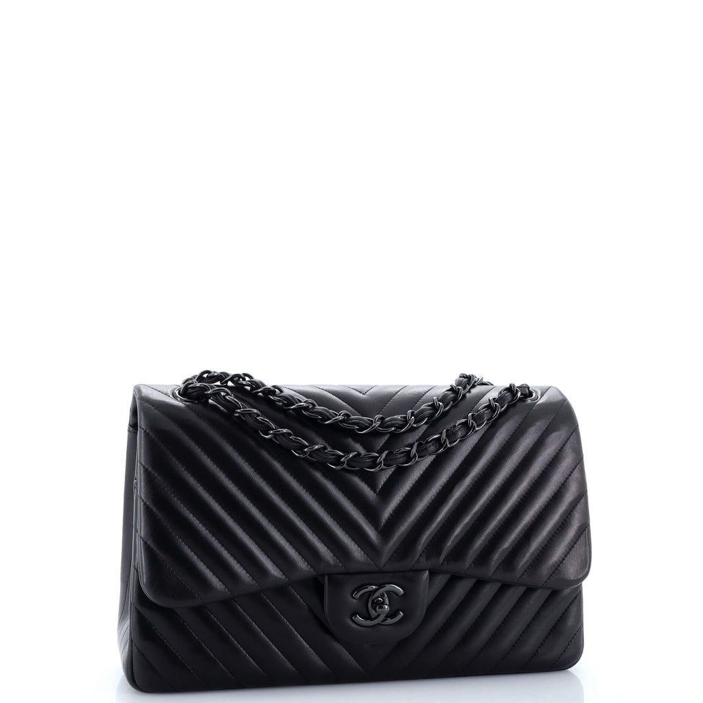 Chanel So Black Classic Double Flap Bag Chevron Lambskin Jumbo