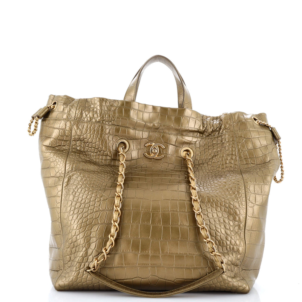 Chanel Paris-New York Drawstring Chain Tote Crocodile Embossed Calfskin Large