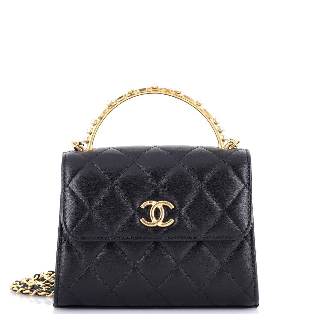 Chanel Logo and Pearl Top Handle Clutch with Chain Quilted Lambskin Small