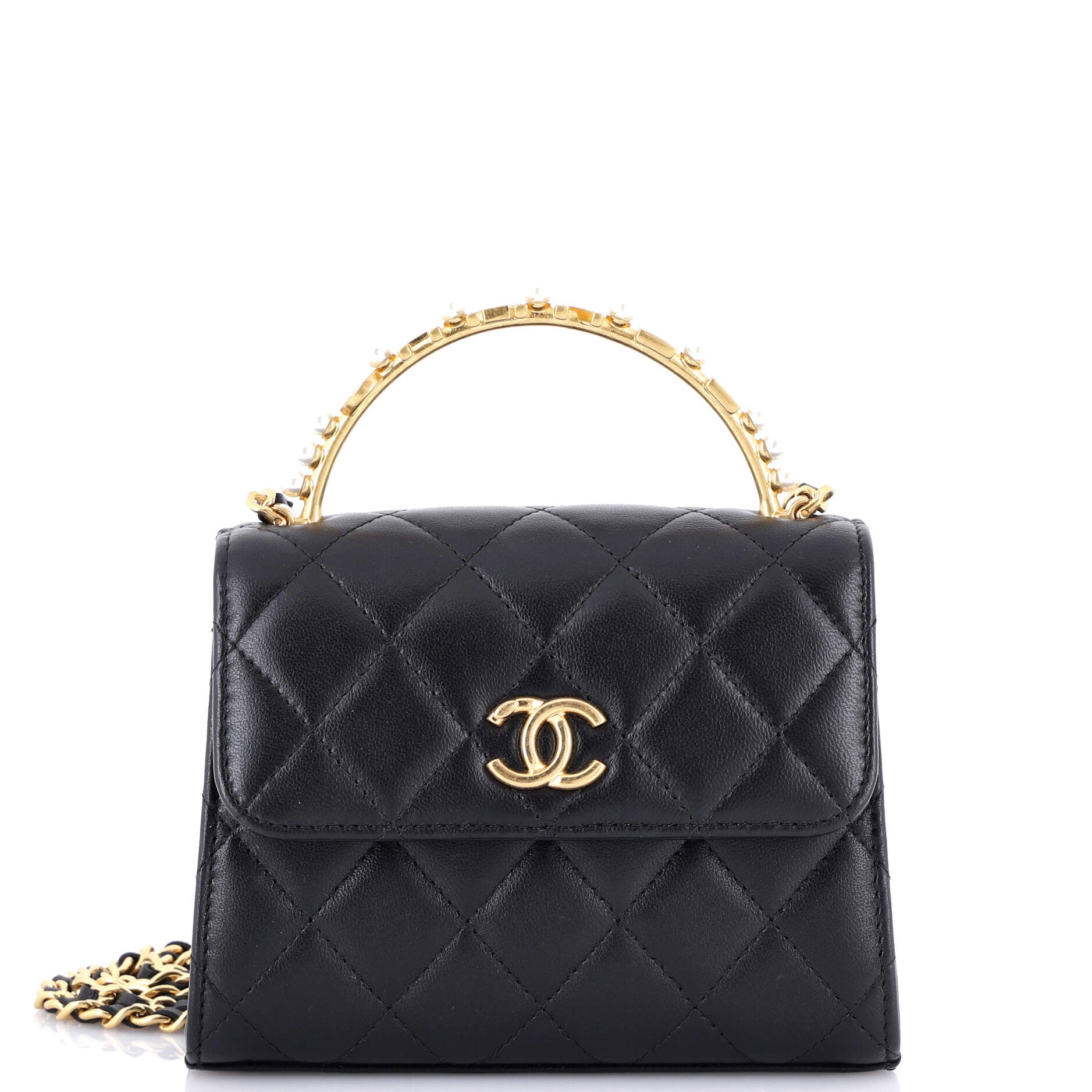 Chanel Logo and Pearl Top Handle Clutch with Chain Quilted Lambskin Small