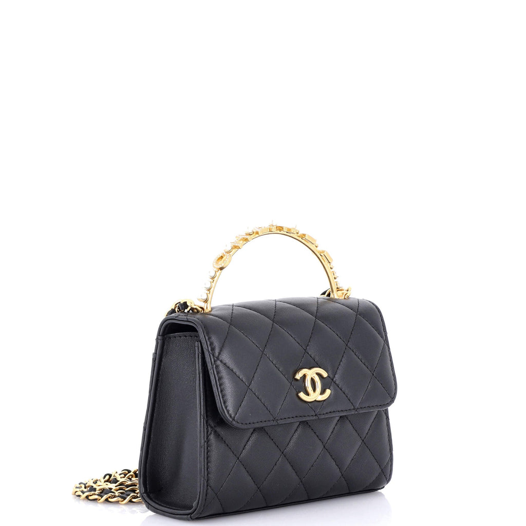 Chanel Logo and Pearl Top Handle Clutch with Chain Quilted Lambskin Small
