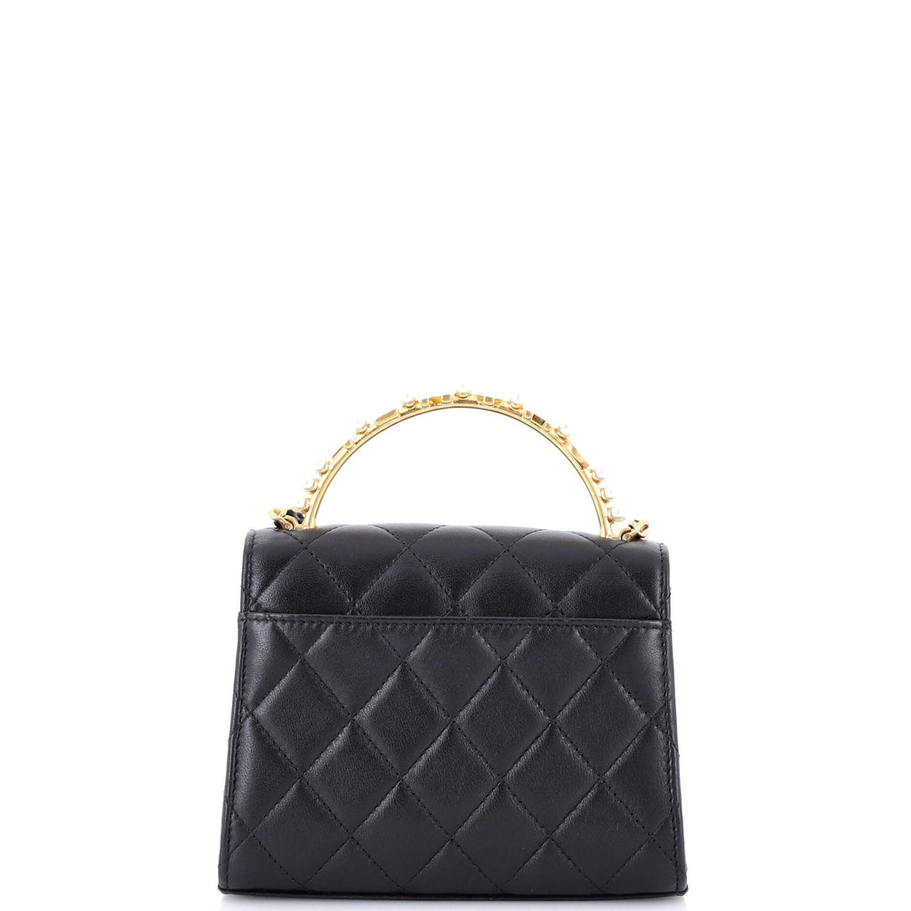 Chanel Logo and Pearl Top Handle Clutch with Chain Quilted Lambskin Small