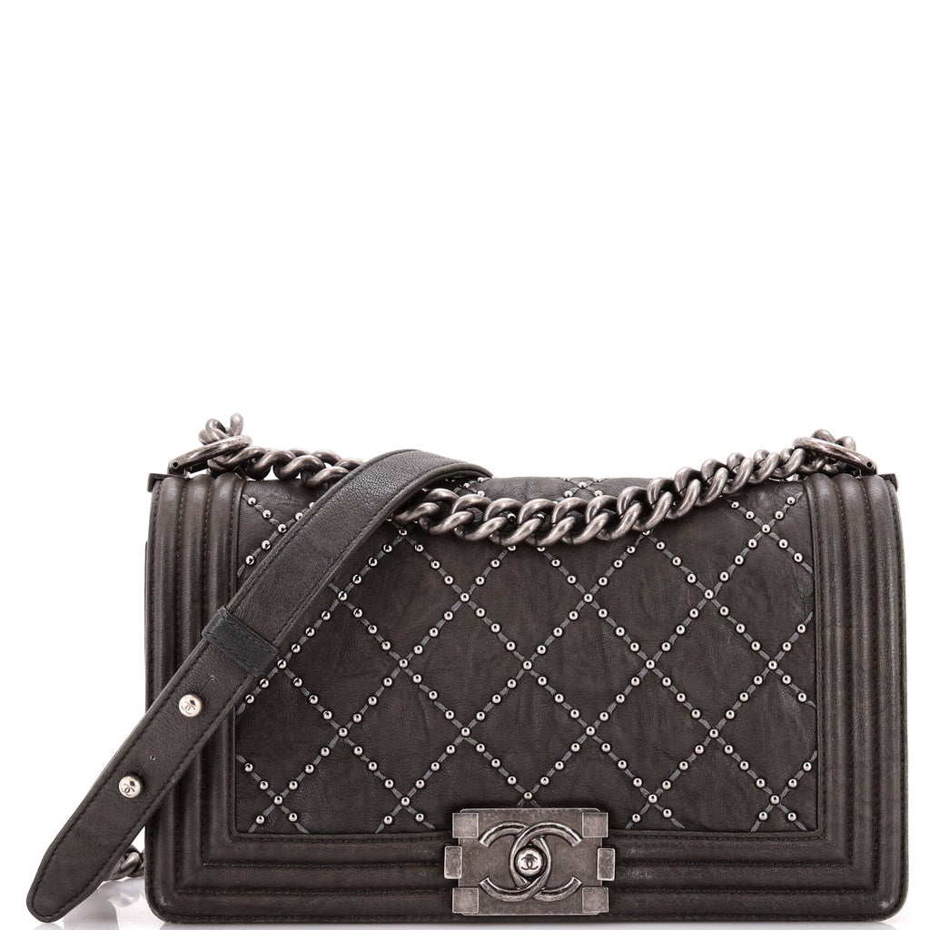 Chanel Boy Flap Bag Studded Quilted Distressed Calfskin Old Medium