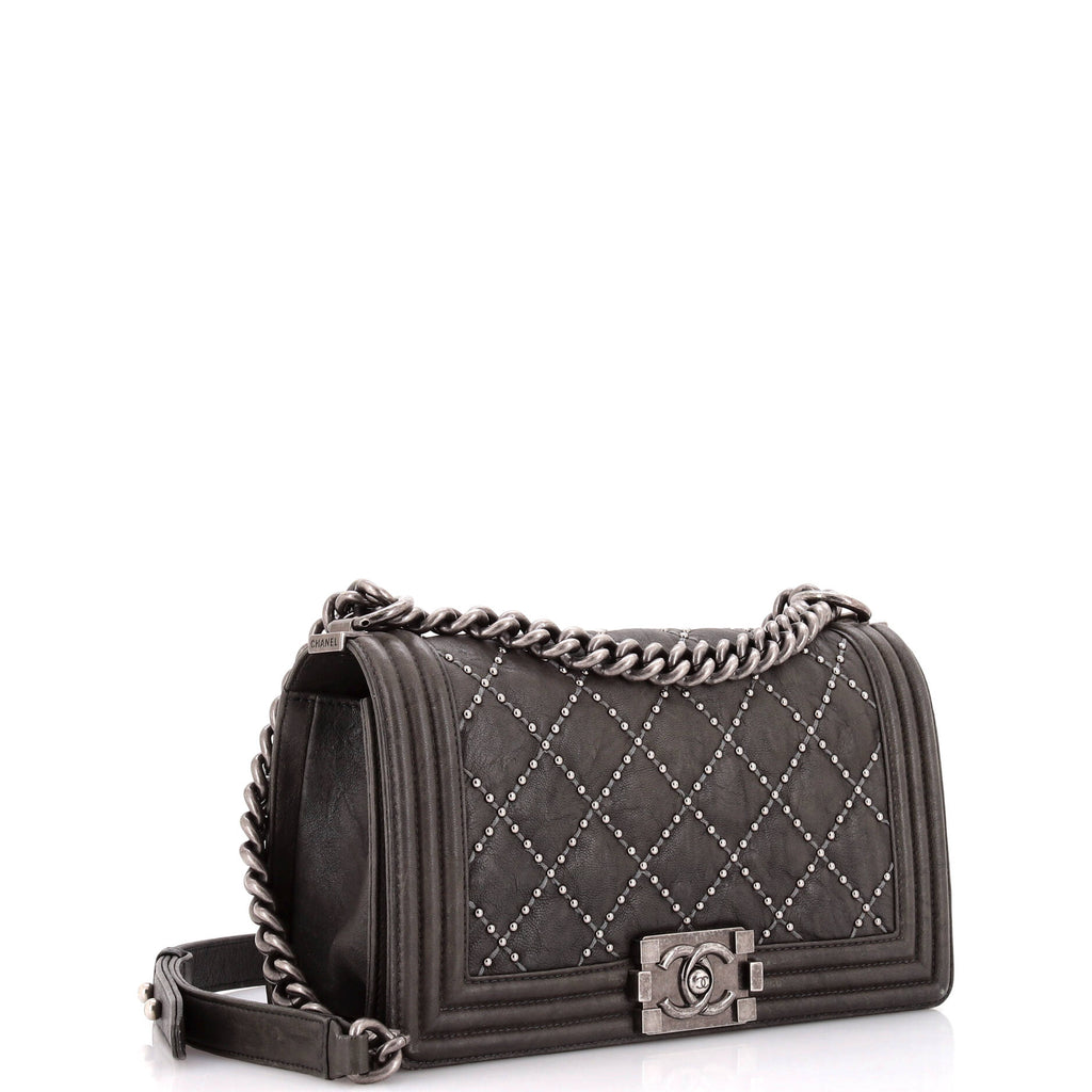 Chanel Boy Flap Bag Studded Quilted Distressed Calfskin Old Medium