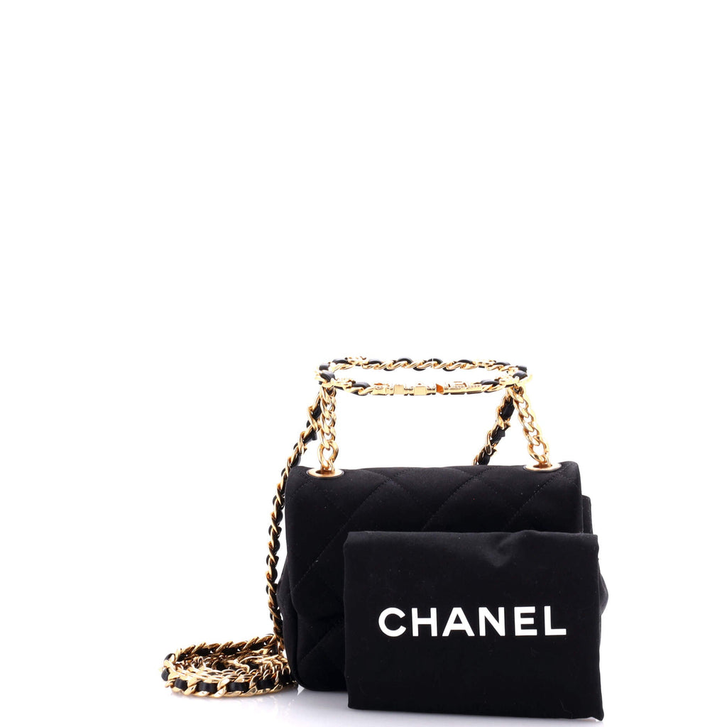 Chanel Oval Logo Chain Handle Flap Bag Quilted Satin with Crystals Mini