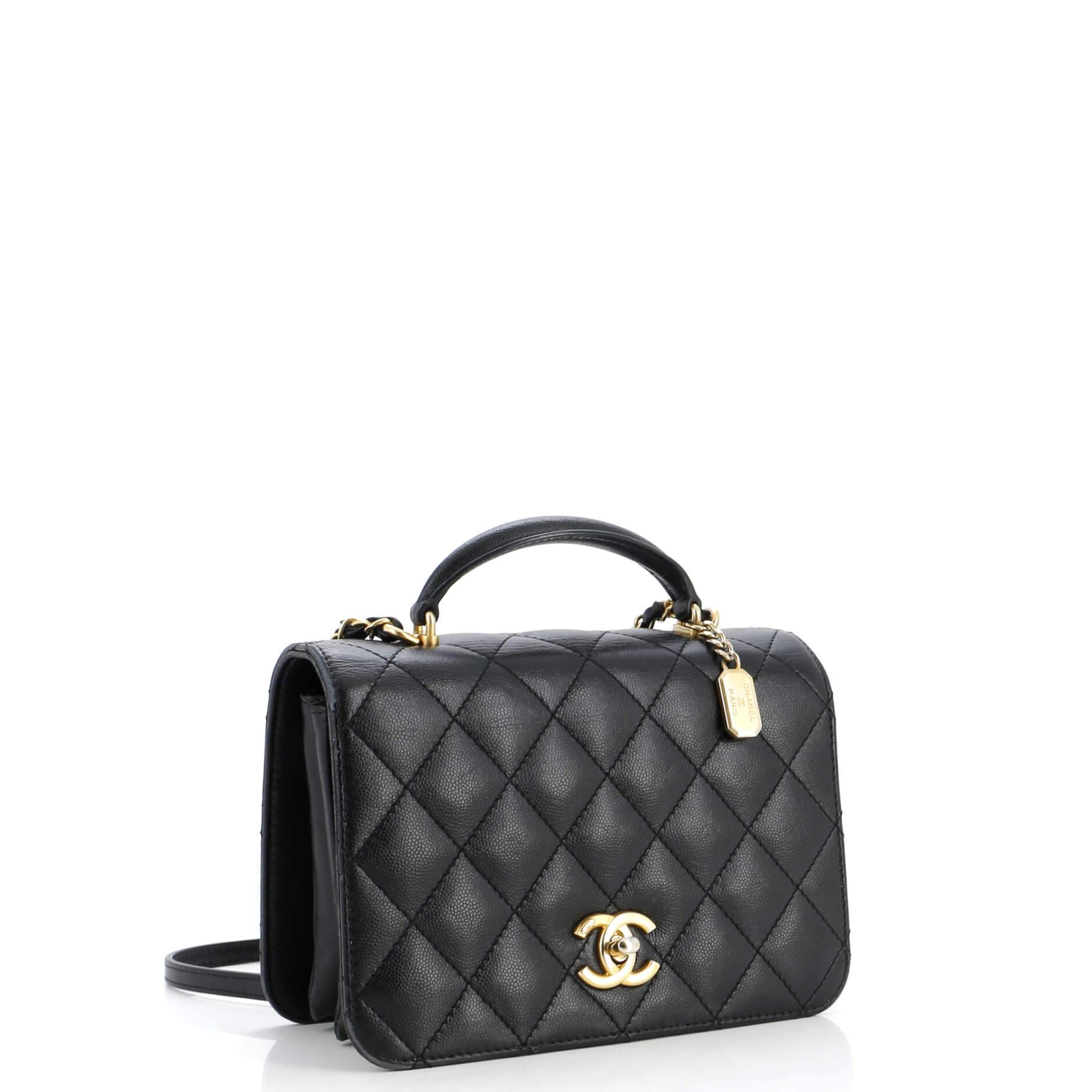 Chanel CC Top Handle Chain Full Flap Bag Quilted Caviar Small