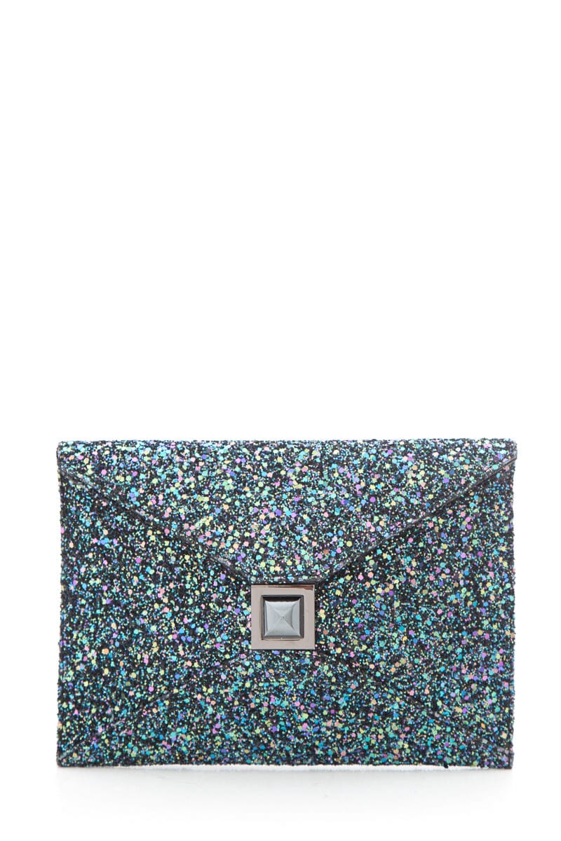 Kara Ross "Prunella" Teal & Black Glitter Clutch