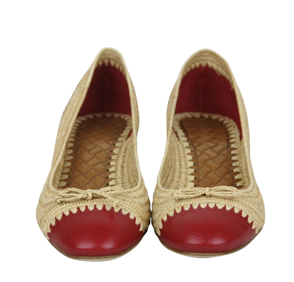 Bottega Veneta Women's Bow Beige Red Straw Leather Ballet Flat 338295 9867 (39.5 EU / 9.5 US)