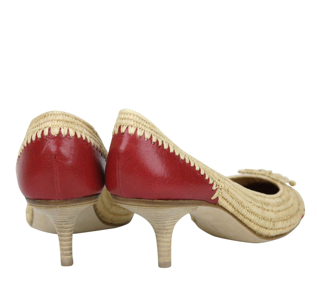 Bottega Veneta Women's Bow Beige Red Straw Leather Ballet Flat 338295 9867 (39.5 EU / 9.5 US)