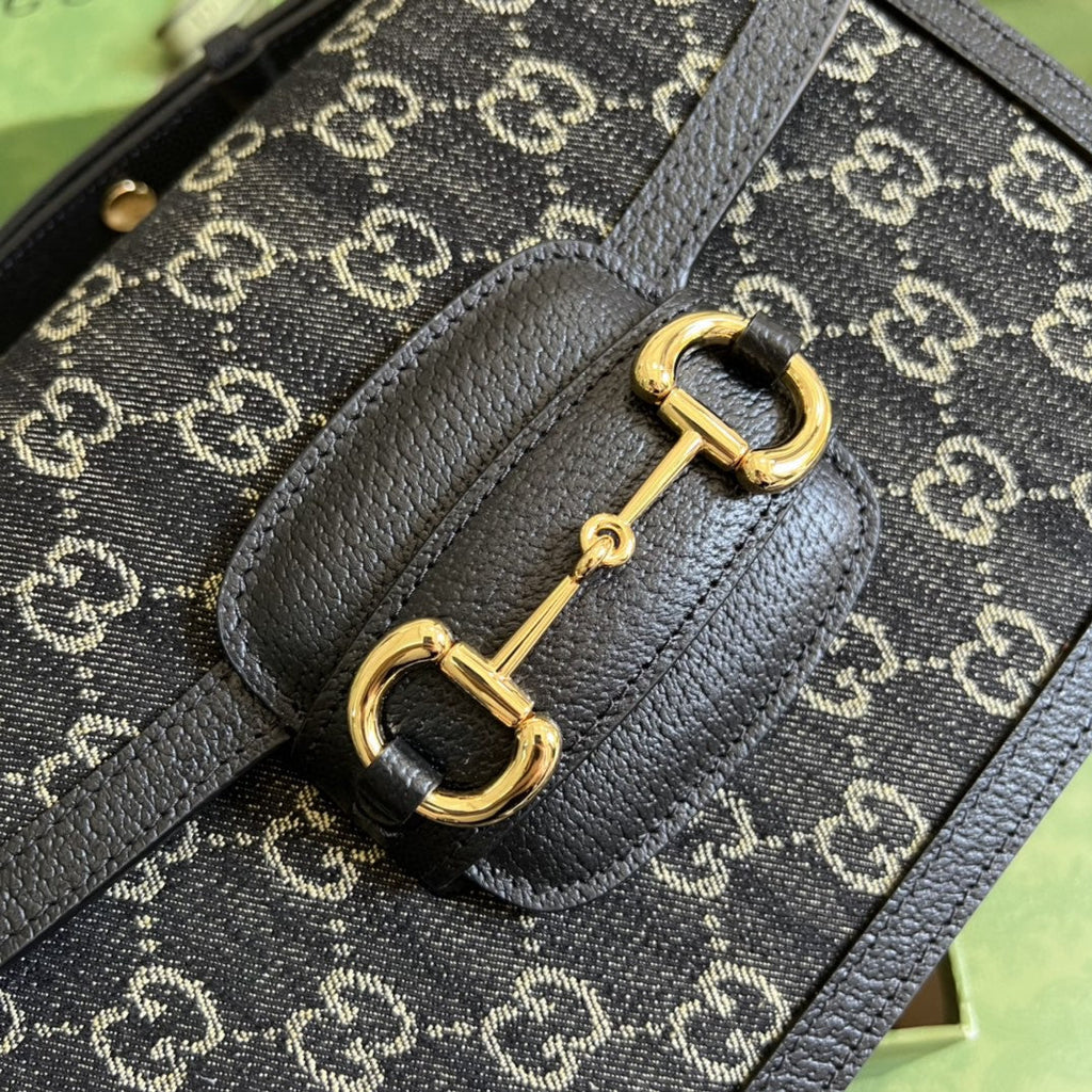 Horsebit 1955 Shoulder Bag Black And Ivory Denim Jacquard For Women 9.8in/25cm 602204 UN3BG 1274