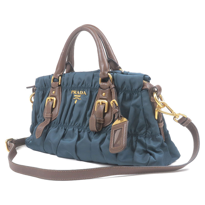 Prada Gather Nylon Leather 2Way Bag Hand Bag Blue Br