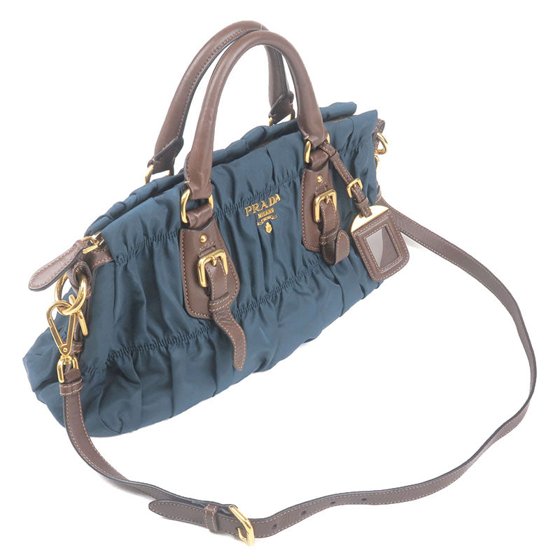 Prada Gather Nylon Leather 2Way Bag Hand Bag Blue Br