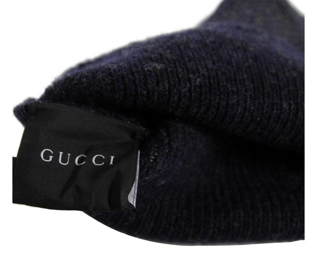 Gucci Unisex Dark Blue Wool Cashmere cotton Medium Beanie Hat With Logo