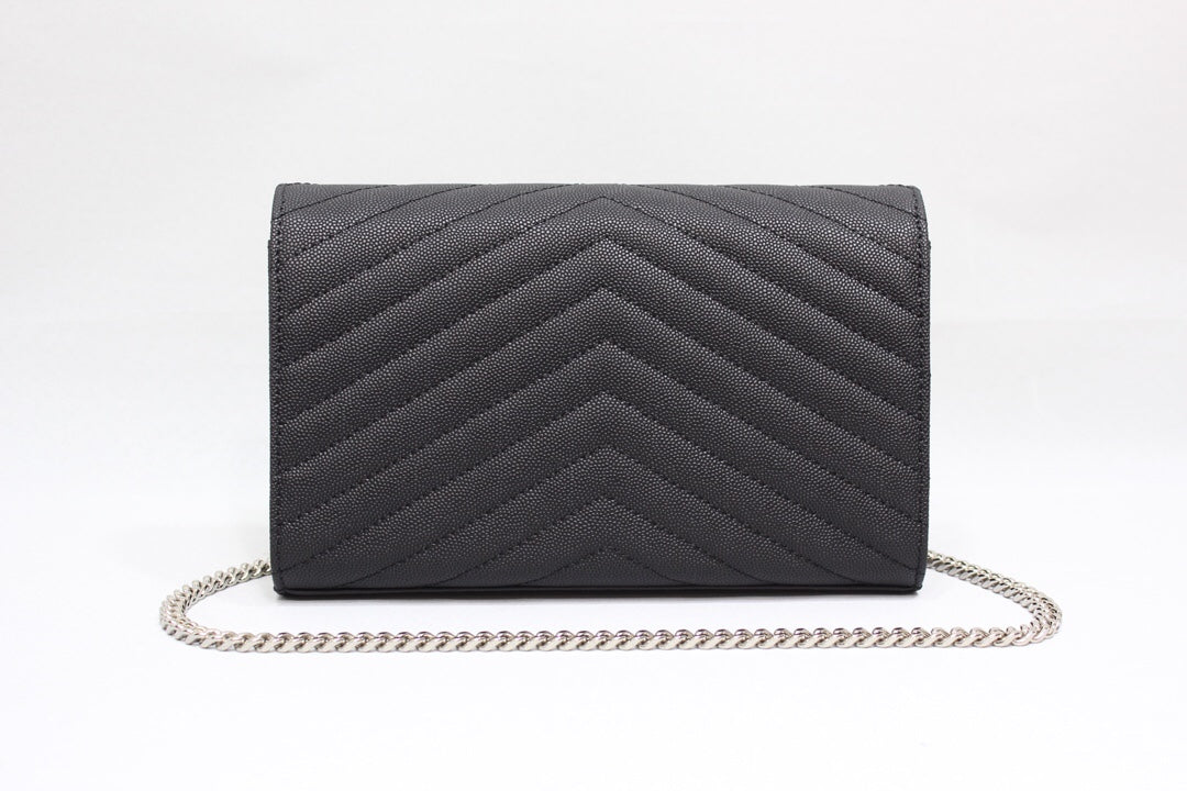 YSSL Cassandre MatelassÃ© Chain Wallet In Grain De Poudre Embossed Black For Women 8.8in/23cm YSL 377828BOW021000