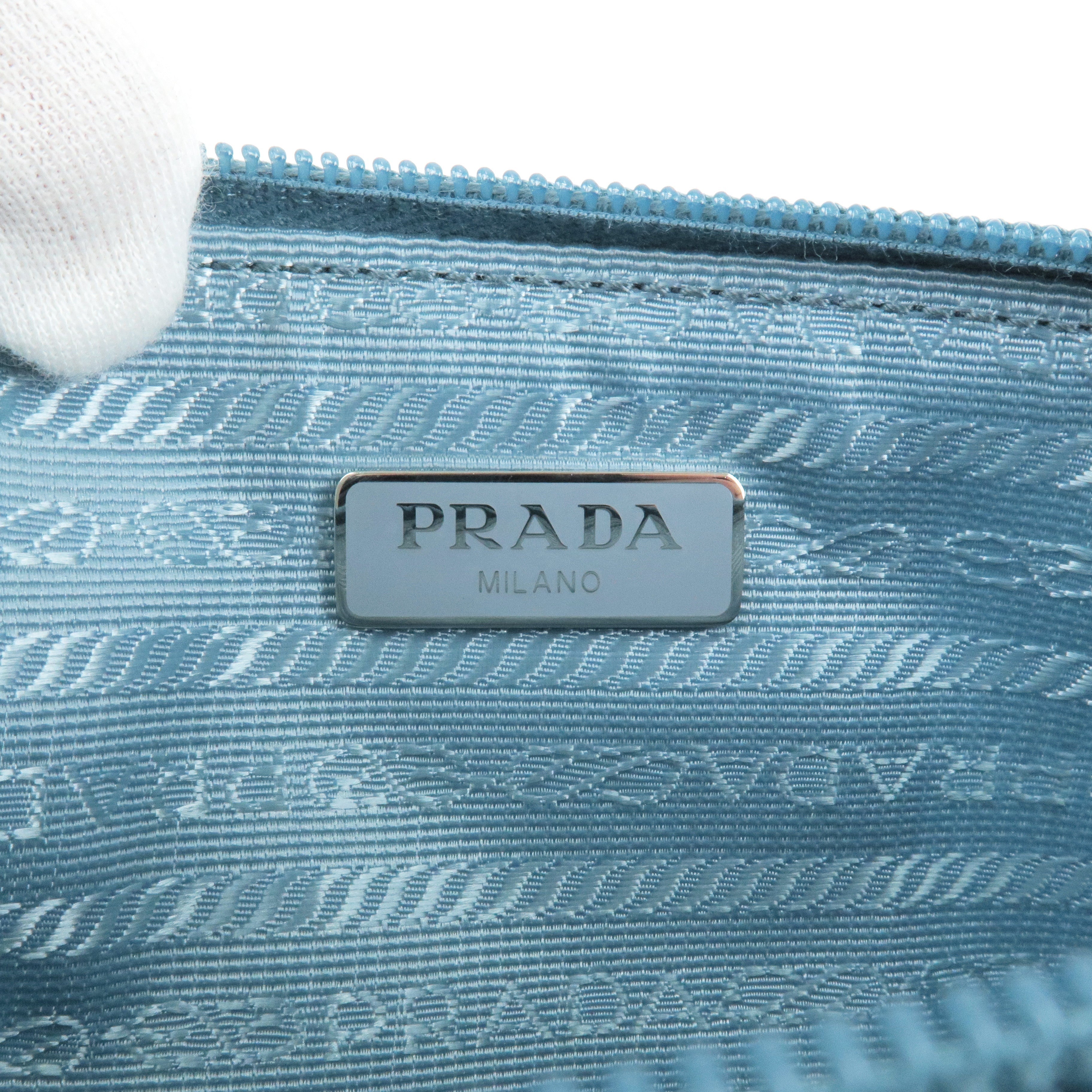 Prada Logo Nylon Leather Clutch Bag Pouch LAGO Light Blue 1NH545