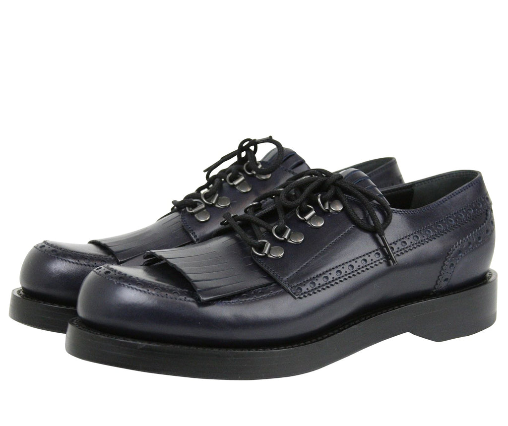 Gucci Fringed Brogue Lace-Up Dark Blue Leather Shoes 358271 4009