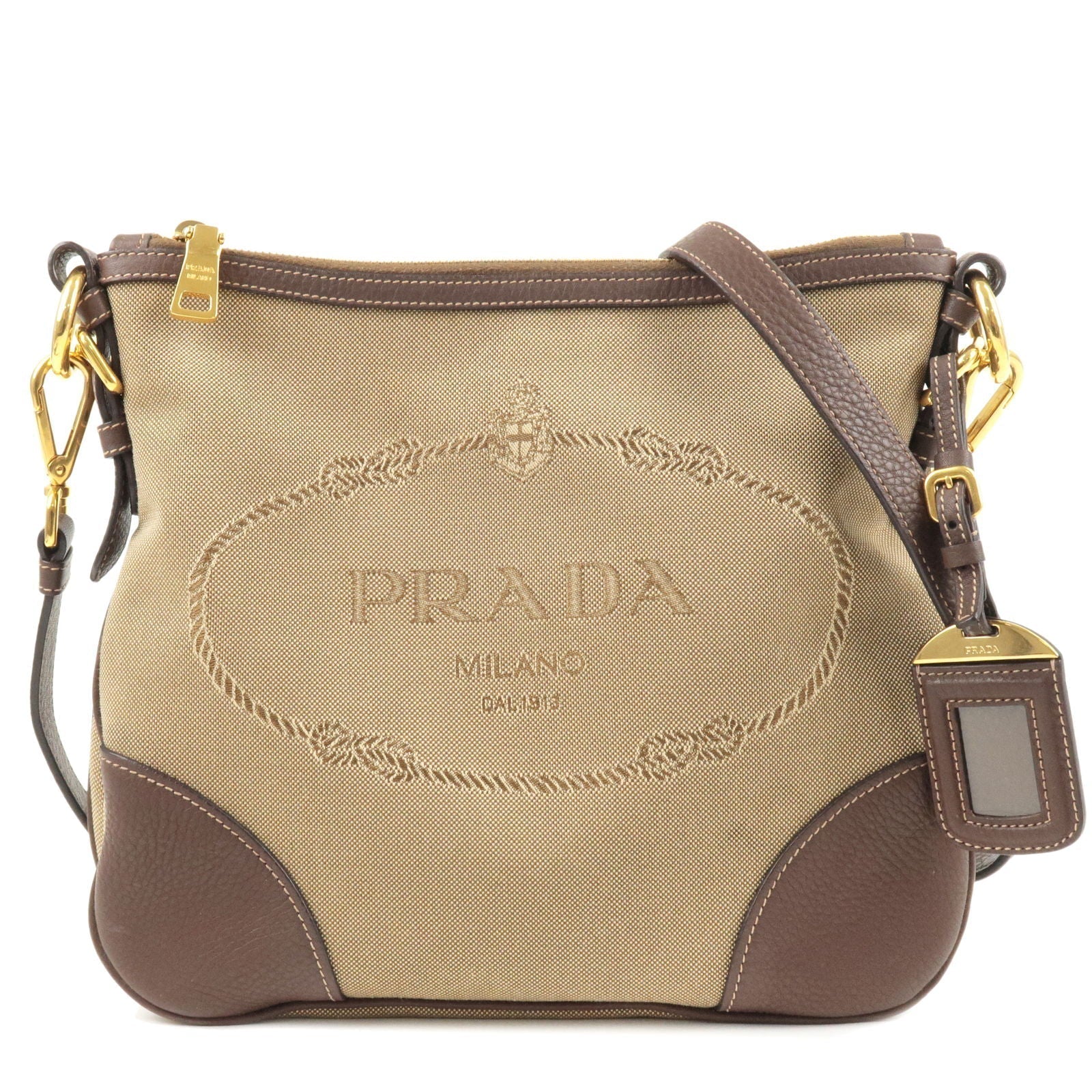 Prada Logo Jacquard Leather Shoulder Bag Beige Br BT0867