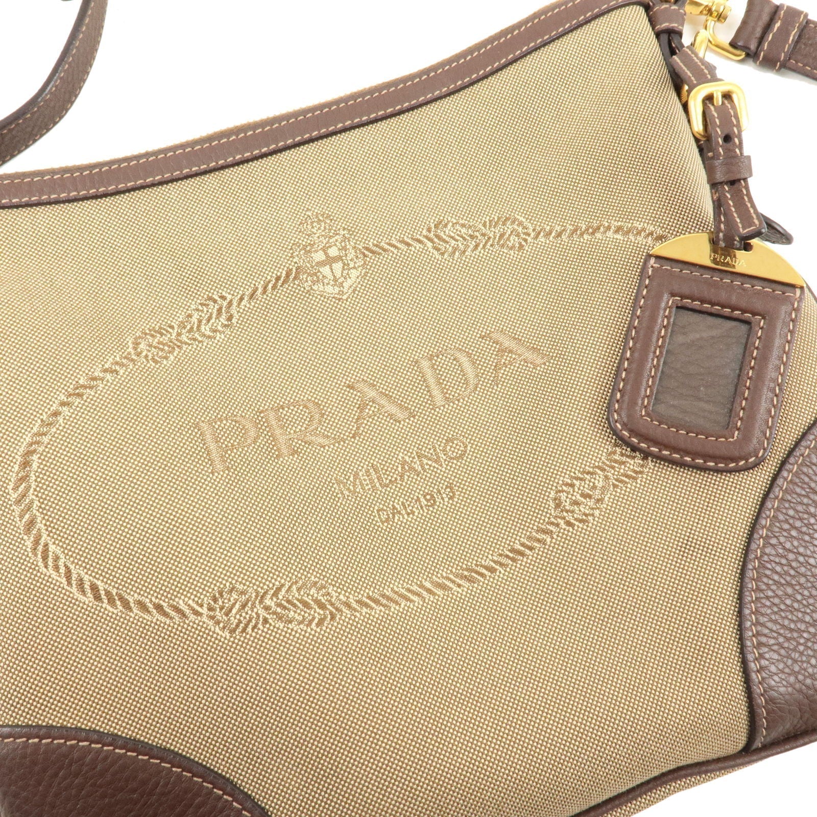 Prada Logo Jacquard Leather Shoulder Bag Beige Br BT0867