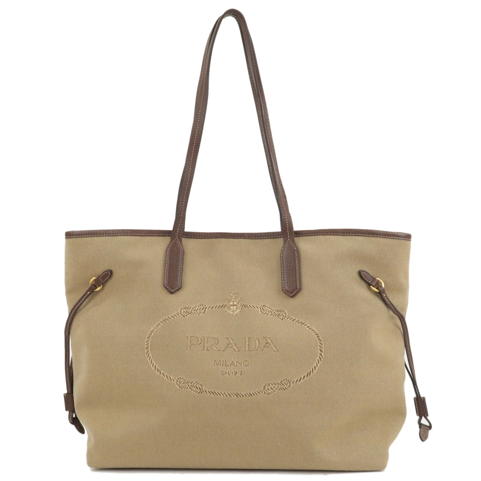 Prada Logo Jacquard Leather Tote Bag Hand Bag Beige Br