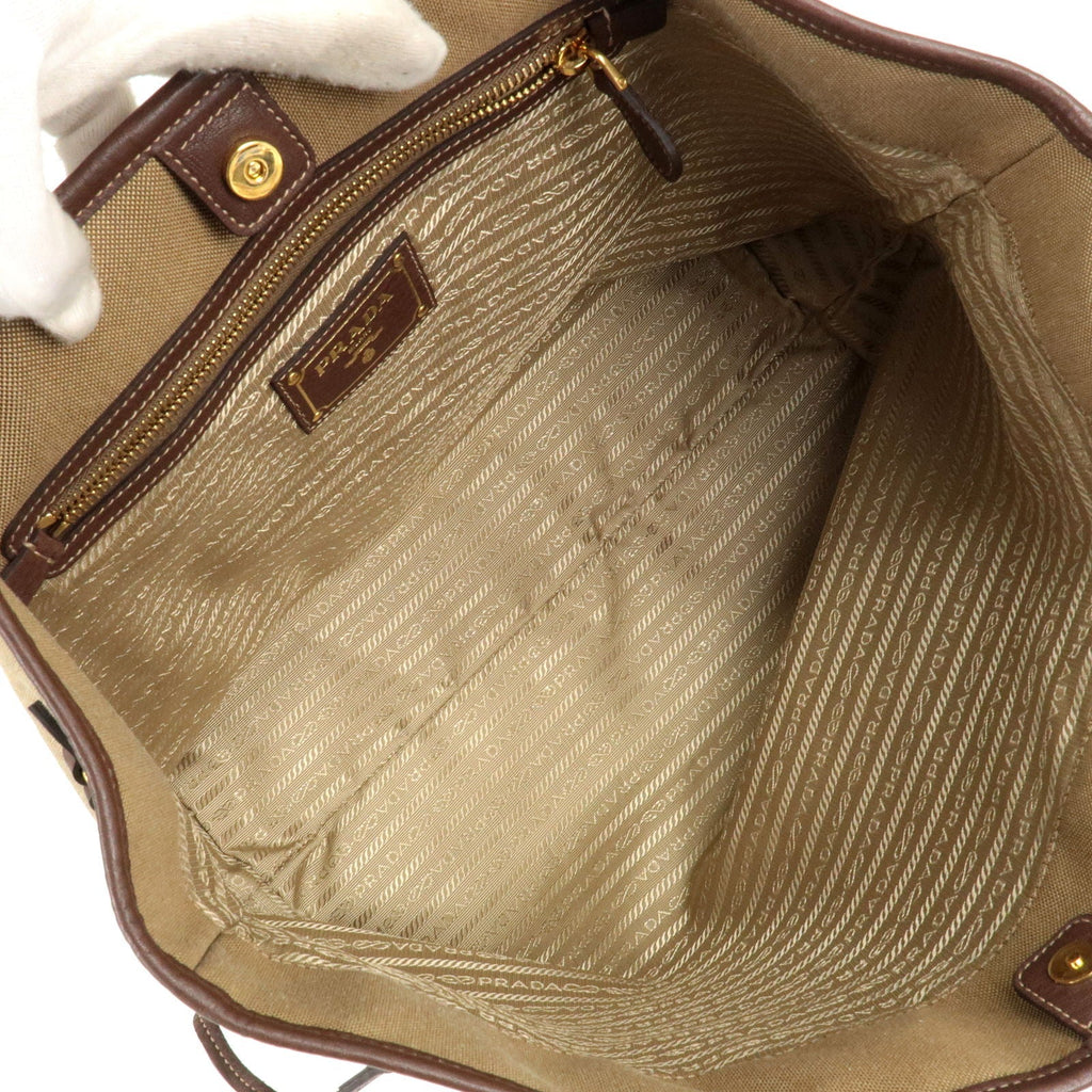 Prada Logo Jacquard Leather Tote Bag Hand Bag Beige Br