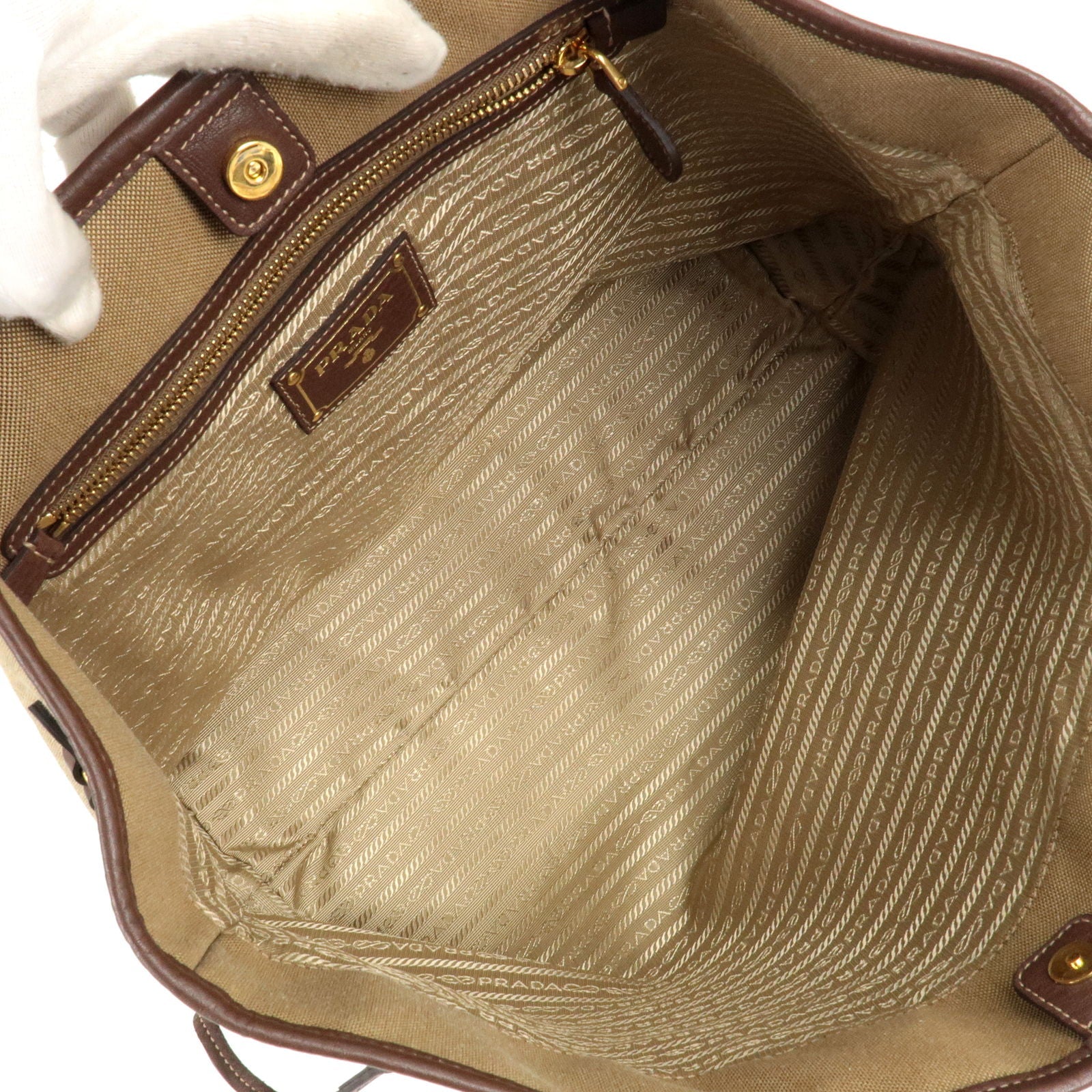 Prada Logo Jacquard Leather Tote Bag Hand Bag Beige Br