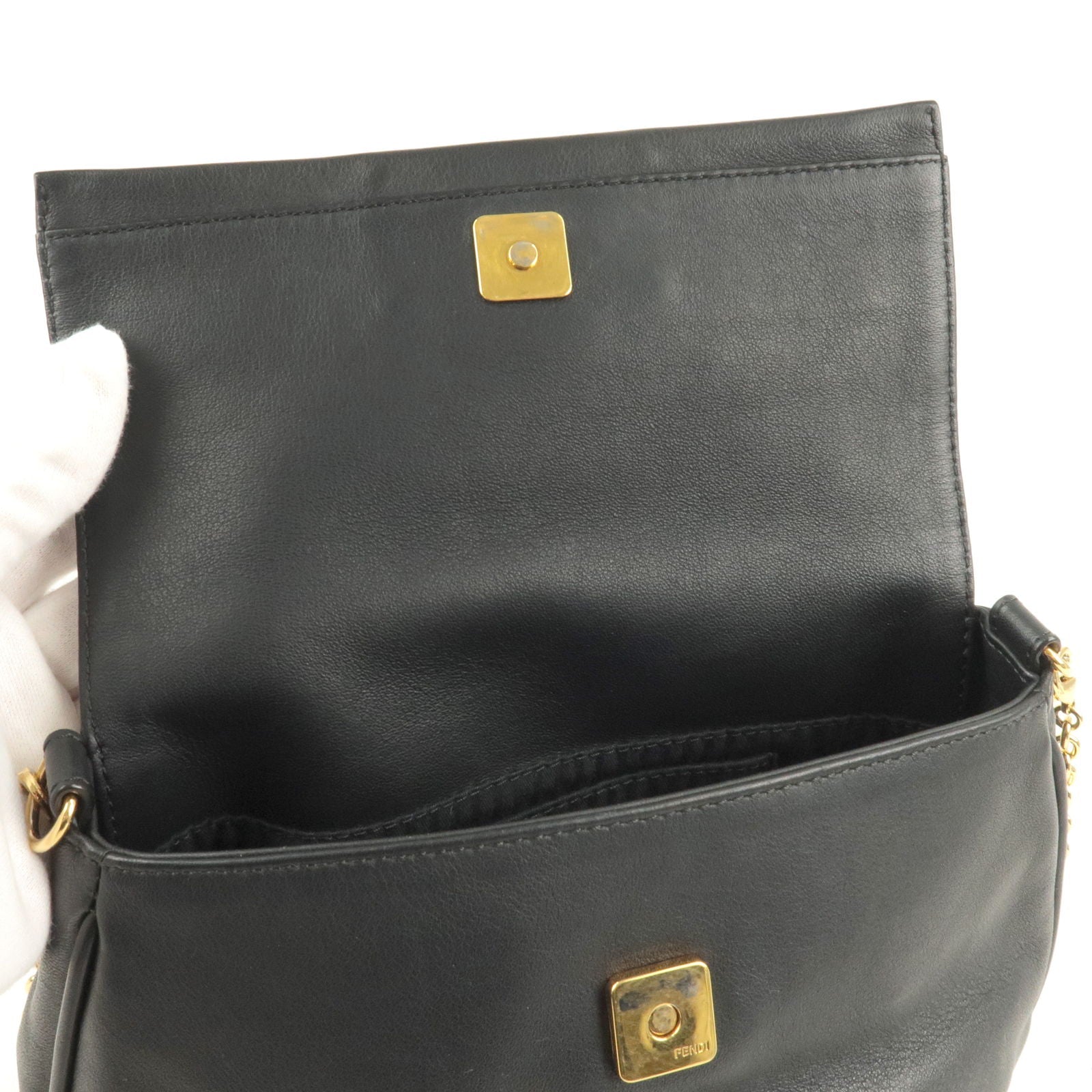 FENDI Leather Chain Shoulder Bag Clutch Black 8M0276