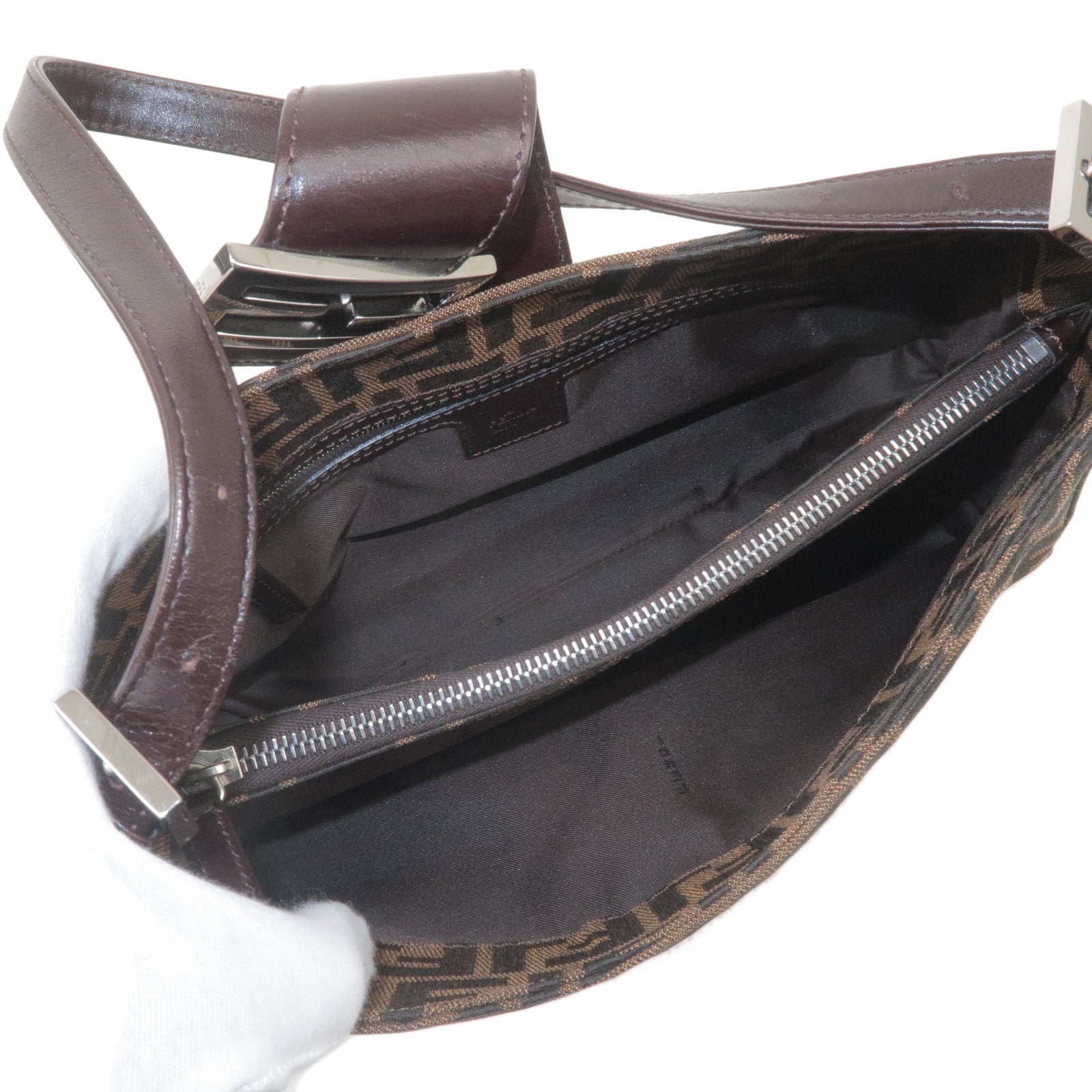 FENDI Zucca Canvas Leather Shoulder Bag Brown Black 16115