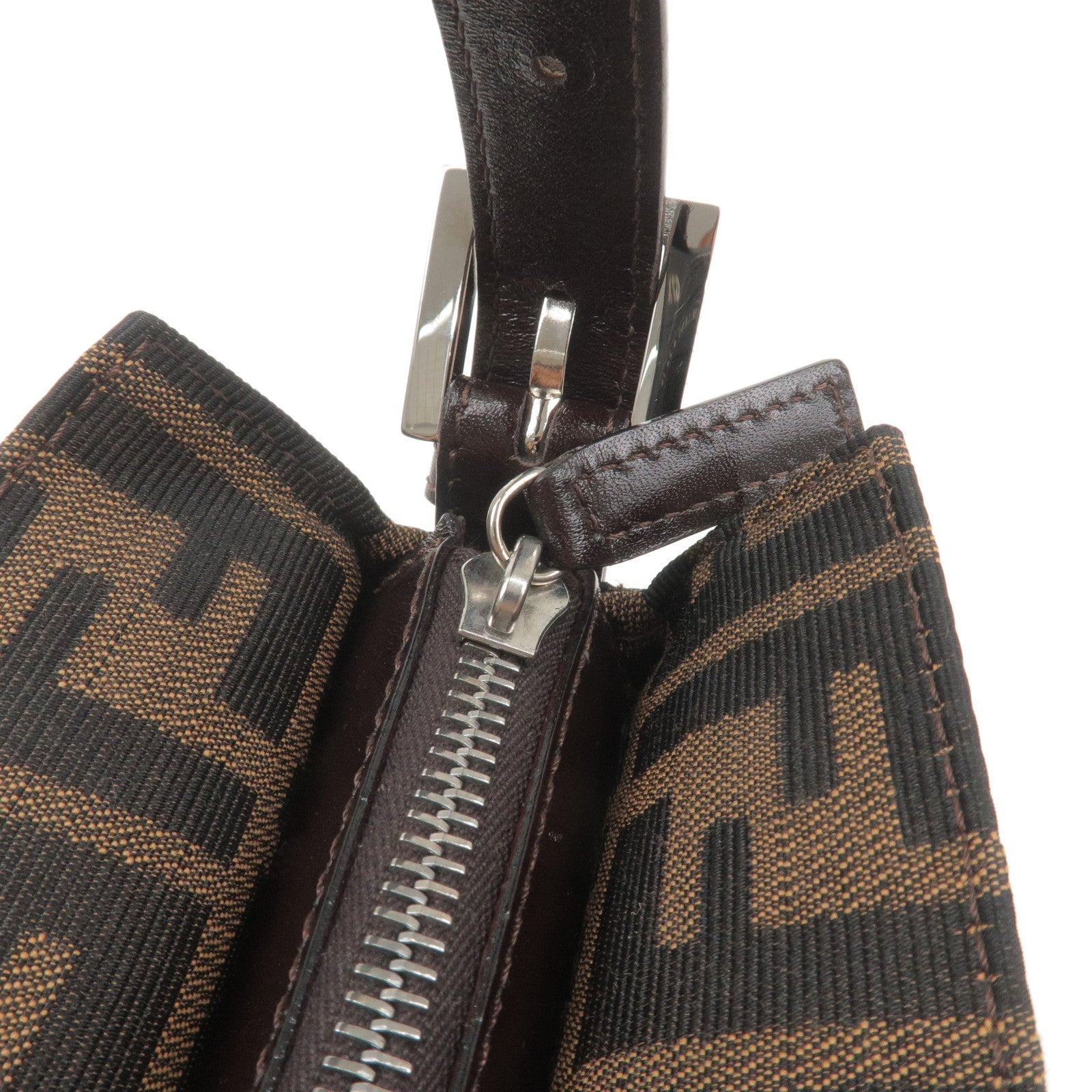 FENDI Zucca Canvas Leather Shoulder Bag Brown Black 26566