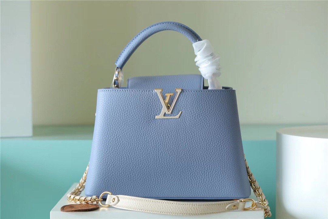 Louis Vuitton Capucines Taurillon Light Blue/ Beige For Women, WomenÃƒÂ¢Ã¢â€šÂ¬Ã¢â€žÂ¢s Bags, Shoulder And Crossbody Bags 10.6in/27cm Louis Vuitton