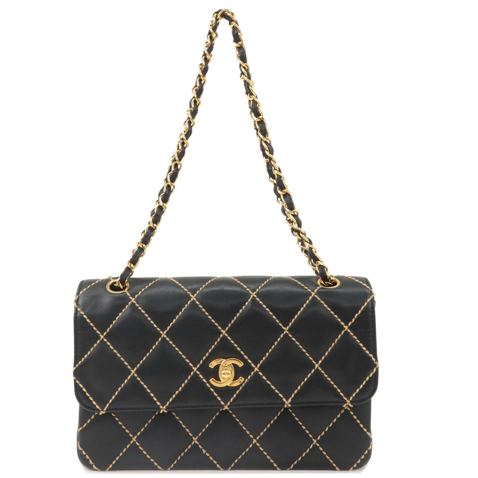 CHANEL Wild Stitch Matelasse Lamb Skin Chain Shoulder Bag A14687