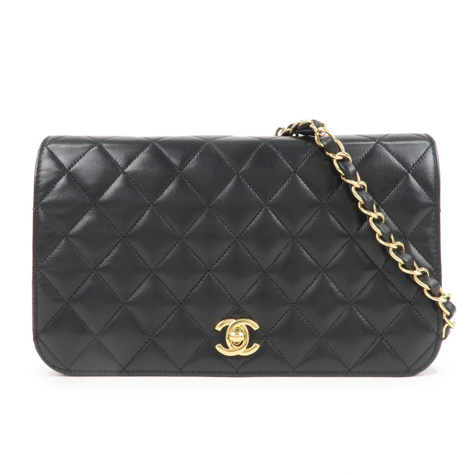 CHANEL Matelasse Lamb Skin Chain Shoulder Bag Black Gold HDW