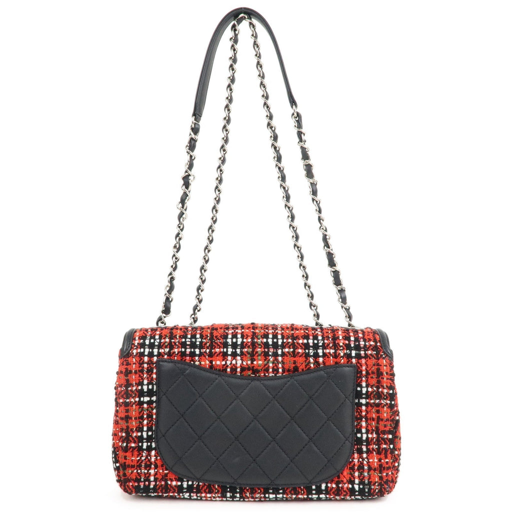 CHANEL CC Filigree Tweed Leather Shoulder Bag Red Black A93340