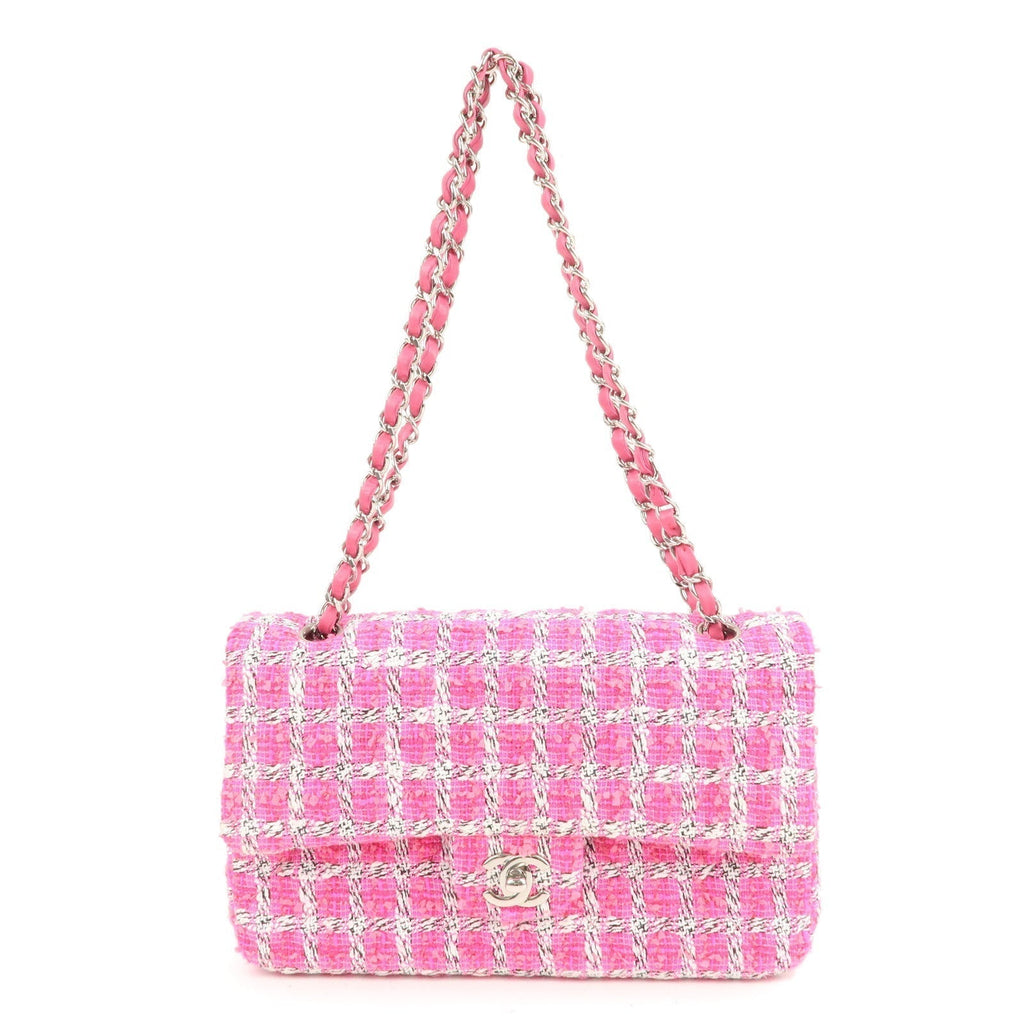 CHANEL Matelasse 25 Tweed Leather Chain W Flap Shoulder Bag Pink