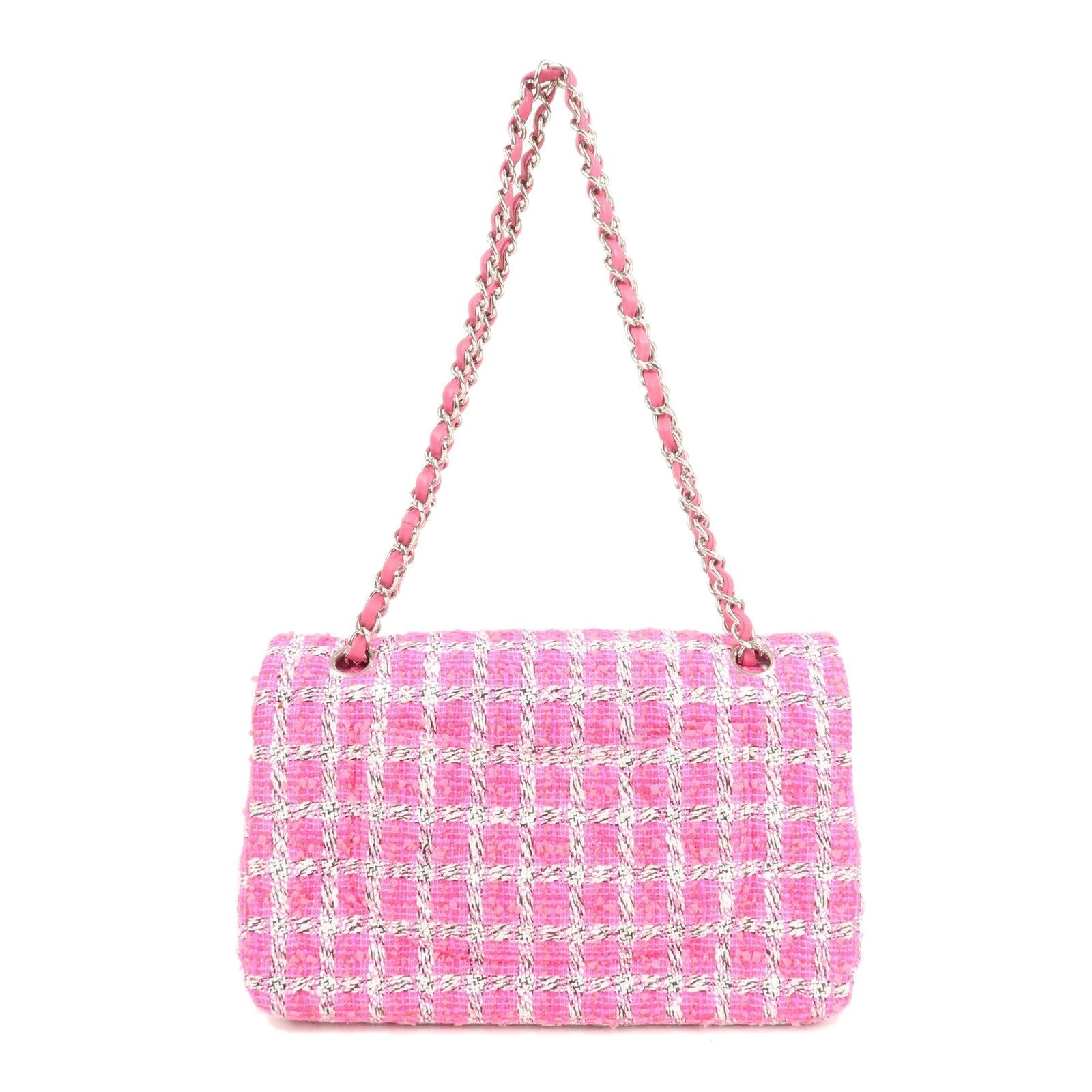 CHANEL Matelasse 25 Tweed Leather Chain W Flap Shoulder Bag Pink