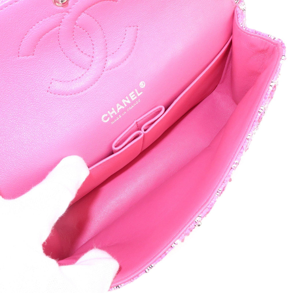 CHANEL Matelasse 25 Tweed Leather Chain W Flap Shoulder Bag Pink