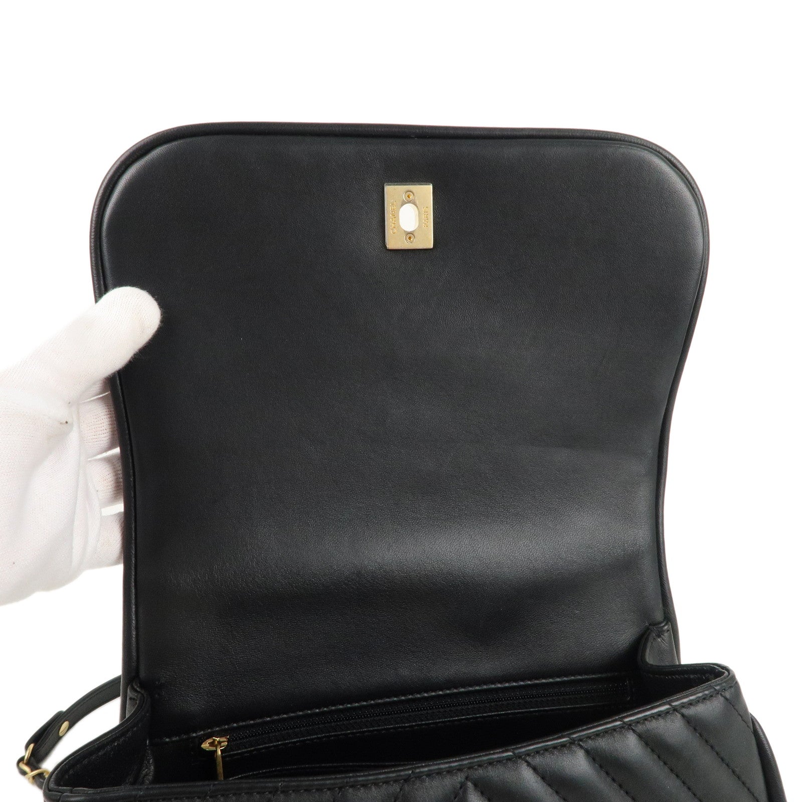 CHANEL Chevron Lamb Skin 2WAY Chain Shoulder Bag Black A98792