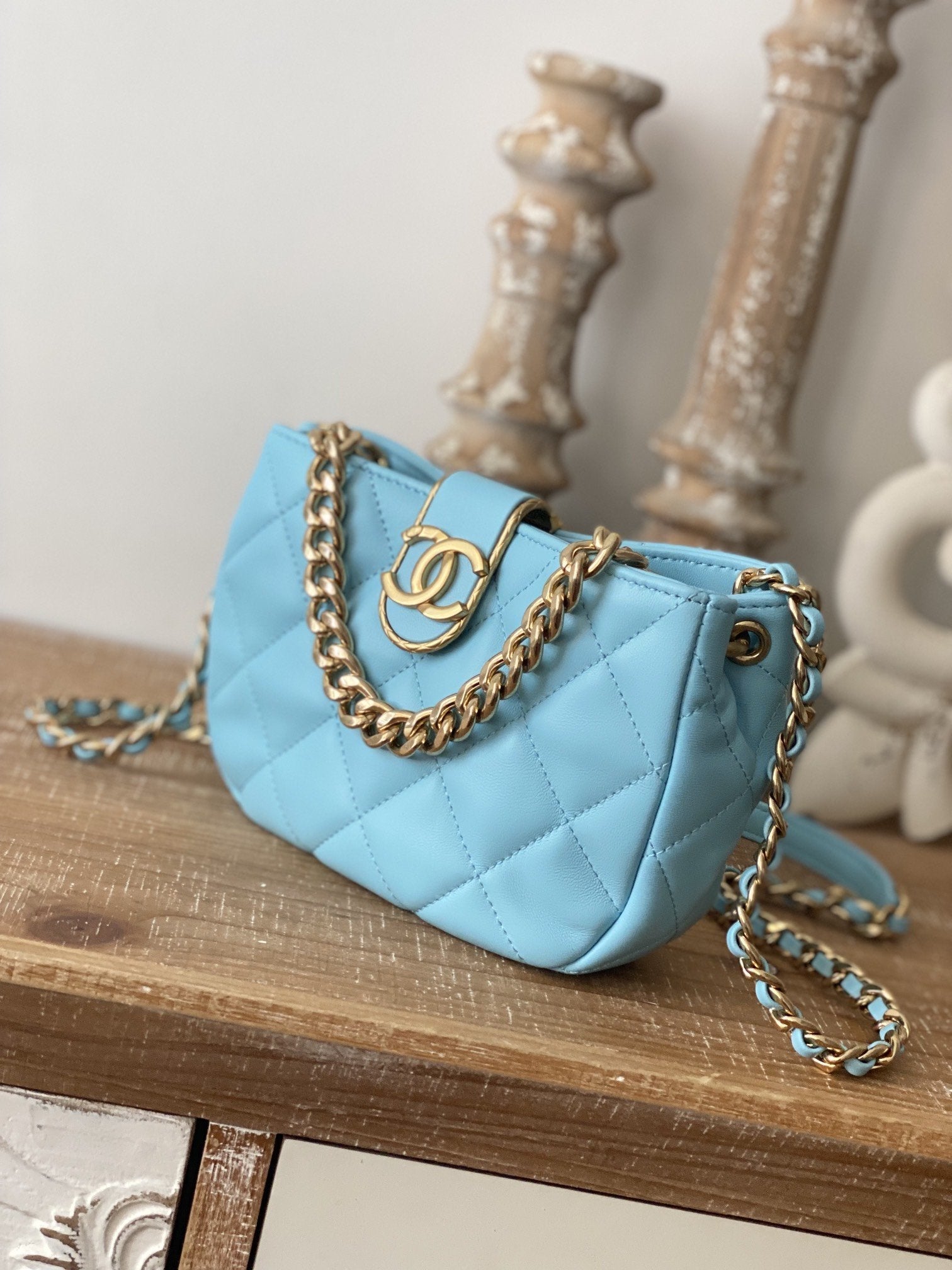 ChanelSmall Hobo Bag Gold Hardware Blue For Women Handbags, Shoulder Bags 7.5in/19cm