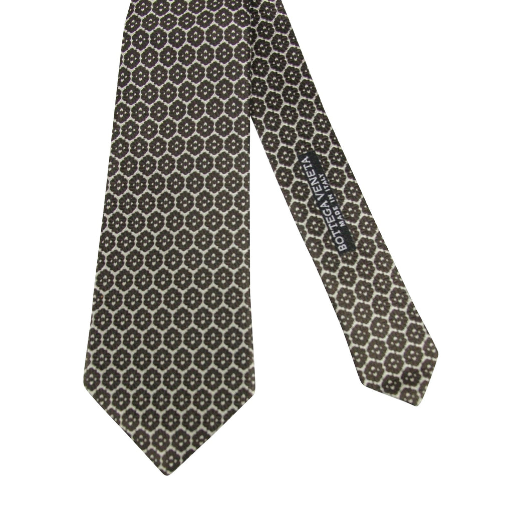 Bottega Veneta Men's Flower Print Beige / Dark Brown Silk Woven Tie 376675 1973