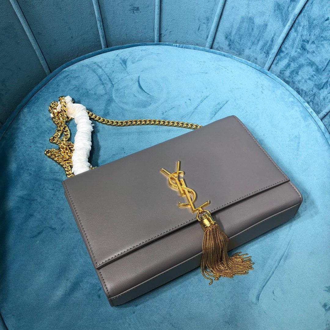 Top Quality Kate MeTop Qualityum Chain Bag With Tassel In Grain De Poudre Grey For Women 9.4in/24cm YSL