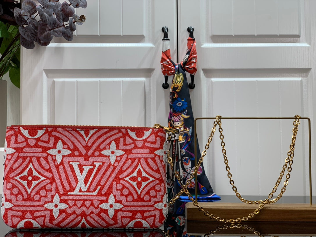 Louis Vuitton Louis Vuitton Crafty Double Zip Pochette Monogram Canvas Red/White For Women,  Shoulder And Crossbody Bags 7.9in/20cm Louis Vuitton