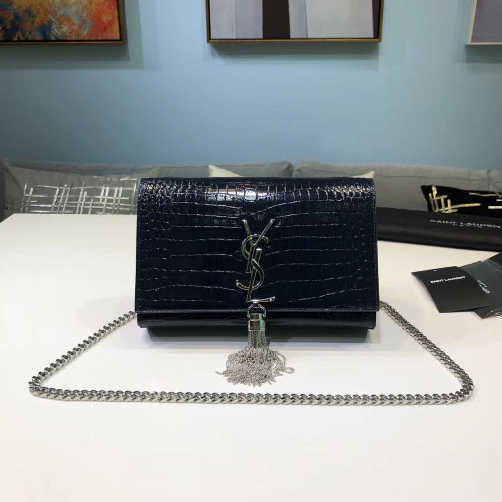 Top Quality Kate Small Chain Bag With Tassel In Embossed Black For Women 7.8in/20cm YSL 474366DND0N1000