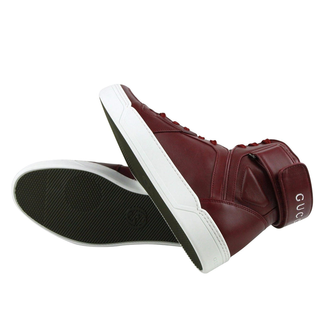 Gucci High Top Strong Dark Red Leather Sneakers With Strap 386738 6148