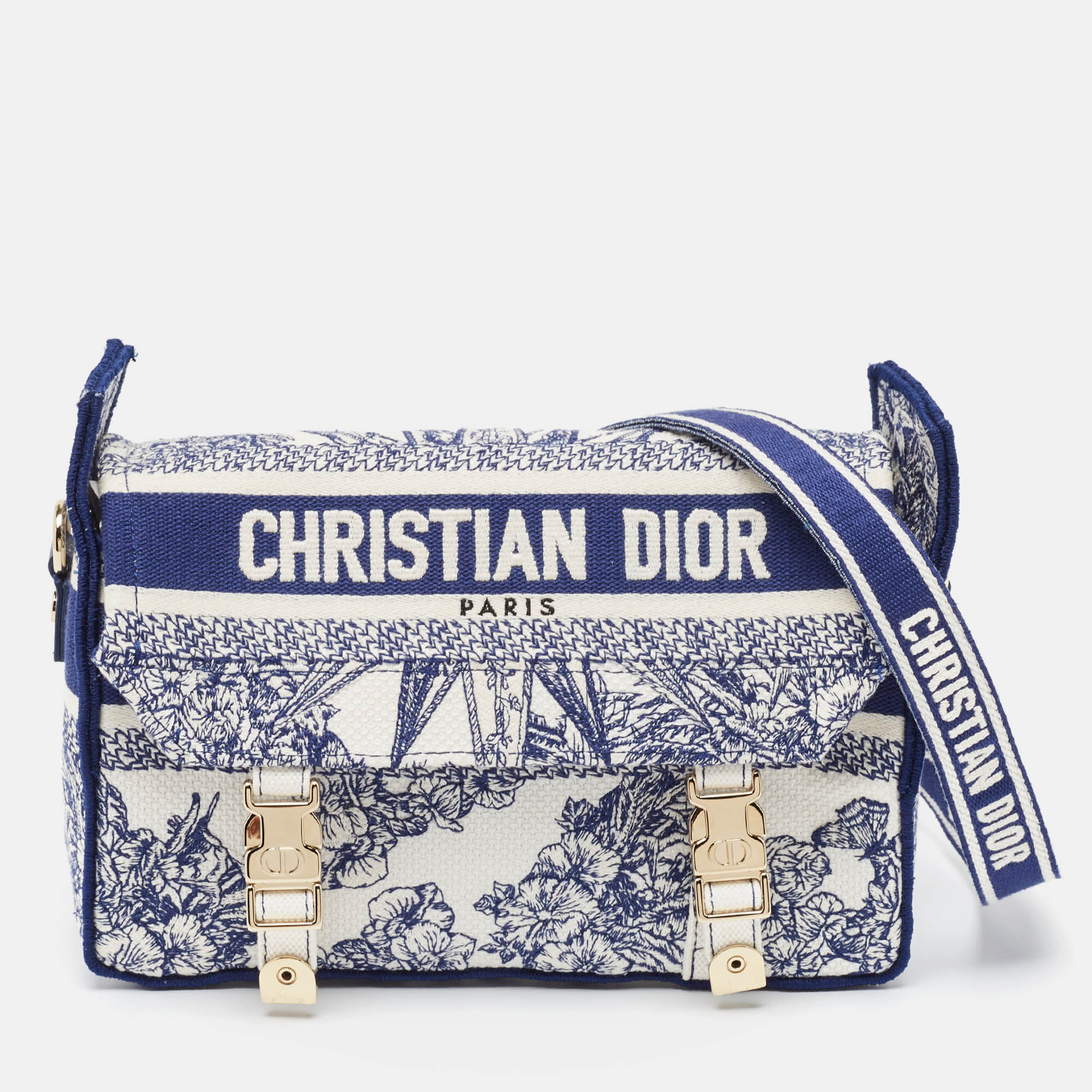 Navy Blue/White Embroidery Canvas Diorcamp Bag