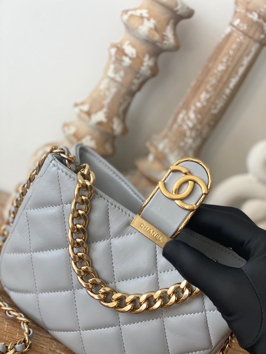 ChanelSmall Hobo Bag Gold Hardware Grey For Women Handbags, Shoulder Bags 7.5in/19cm