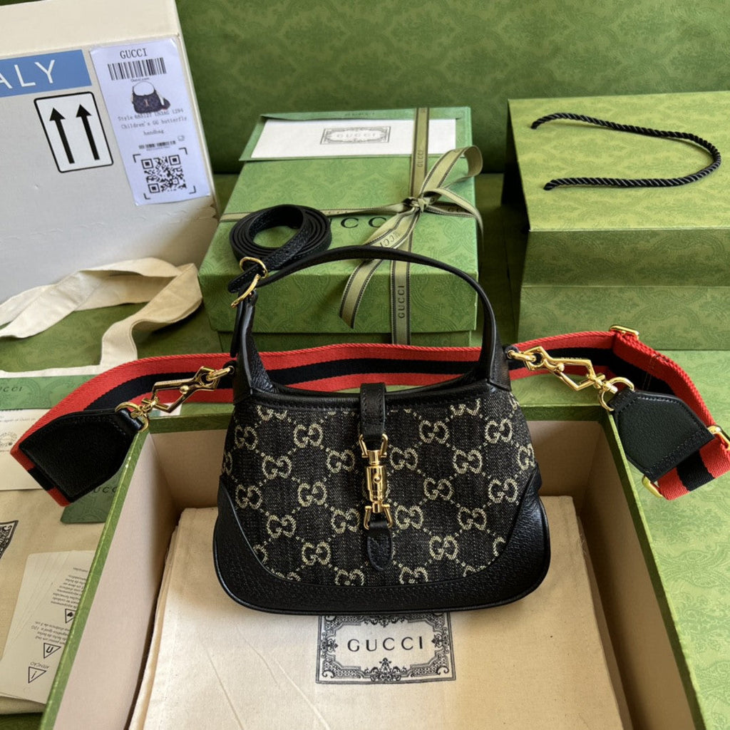 Gucci Jackie 1961 Mini Shoulder Bag Black And Ivory Gucci Denim Jacquard For Women 7.5in/19cm Gucci 685127 UN3AG 1294