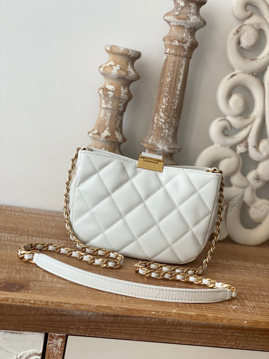 ChanelSmall Hobo Bag Gold Hardware White For Women Handbags, Shoulder Bags 7.5in/19cm